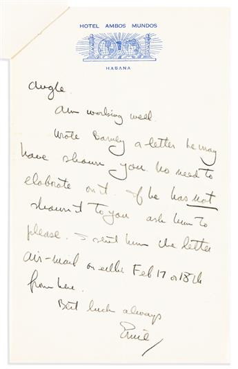 HEMINGWAY, ERNEST. Two items, each Signed Ernie, to his attorney Maurice J. Speiser: Autograph Letter * Autograph Note.